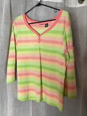 Vintage Y2K Striped Henley Top Large Pink Green Yellow 90s 2000s